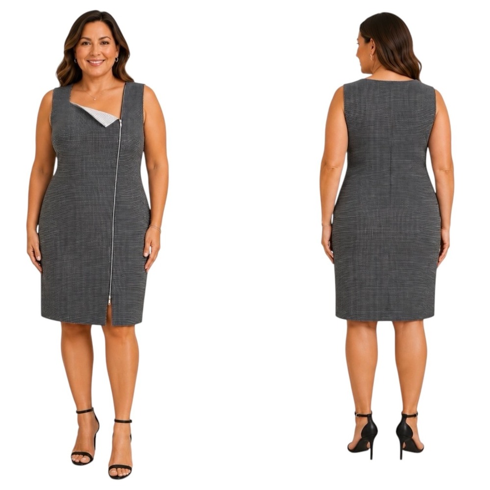 Calvin Klein Mini Check Zip Front Sleeveless Midi Sheath Dress Size 14‎